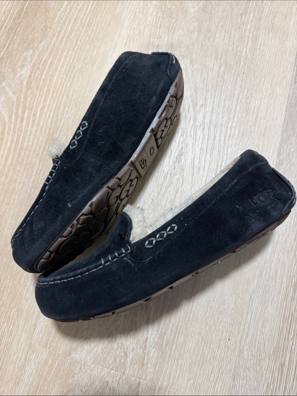 UGG Men’s Black Suede Shearling-Lined Slip-On Moccasins - Picture 2 of 5